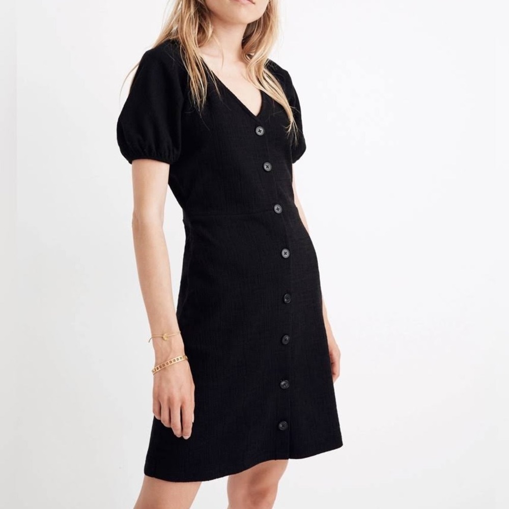 Madewell Texture & Thread Puff Sleeve Button Down Mini Dress in Black. Size S.